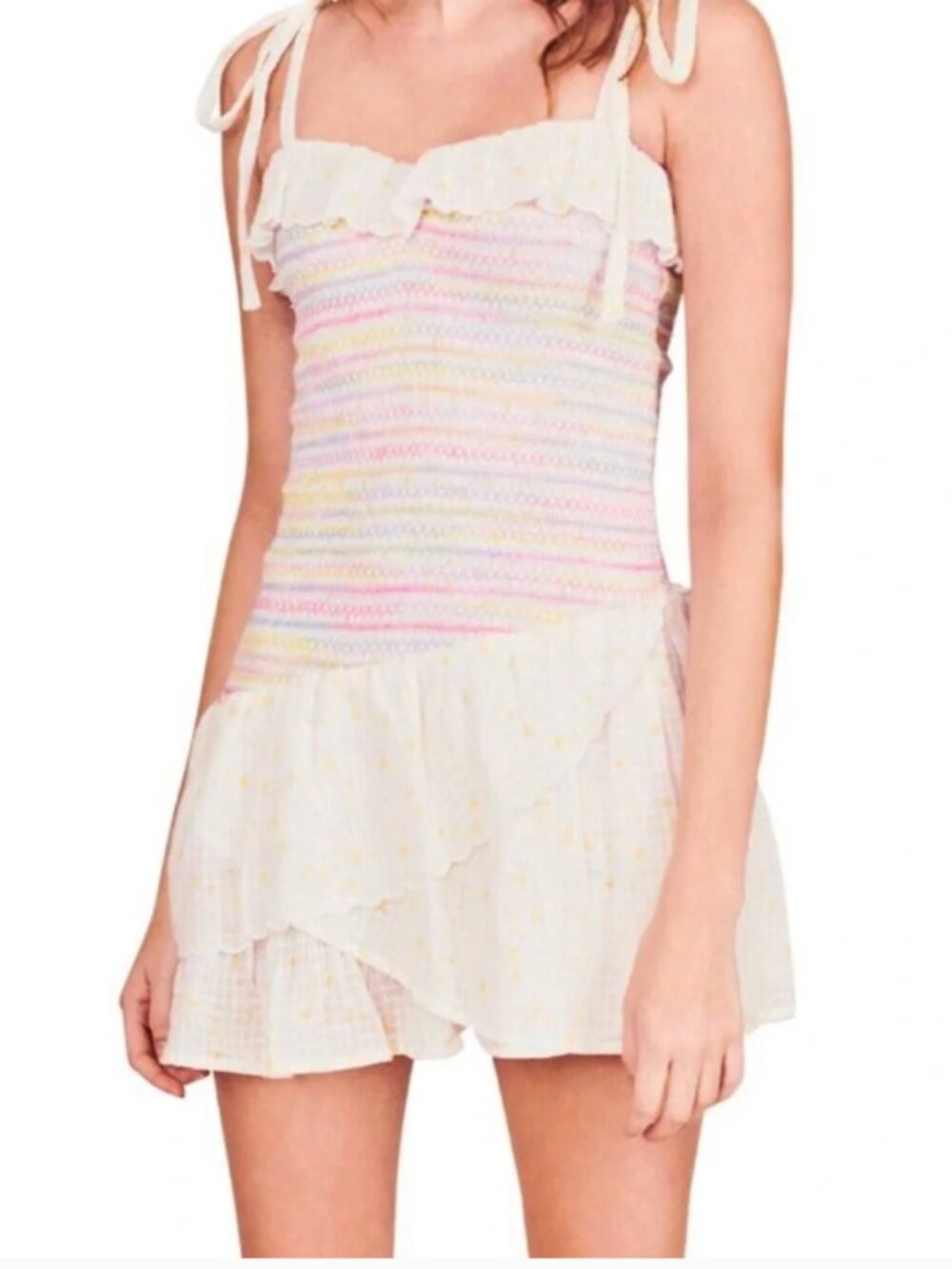 NWT LoveShackFancy Aya Smocked Mini Dress L Multicolor Tie Shoudler